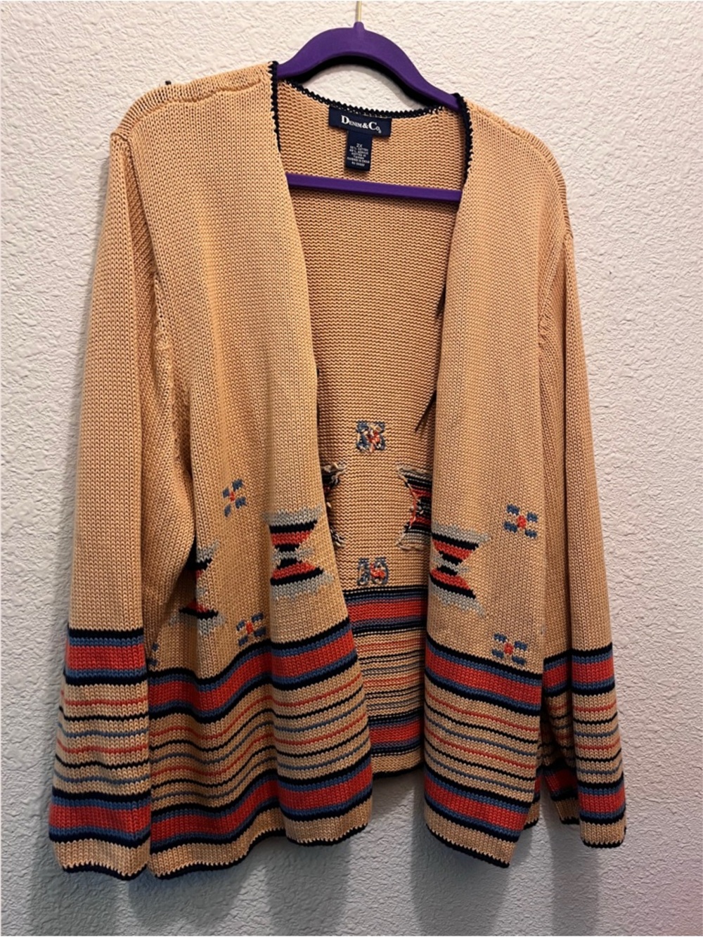 Denim&Co Tan Open-Front Stripe & Southwestern Motif Cardigan